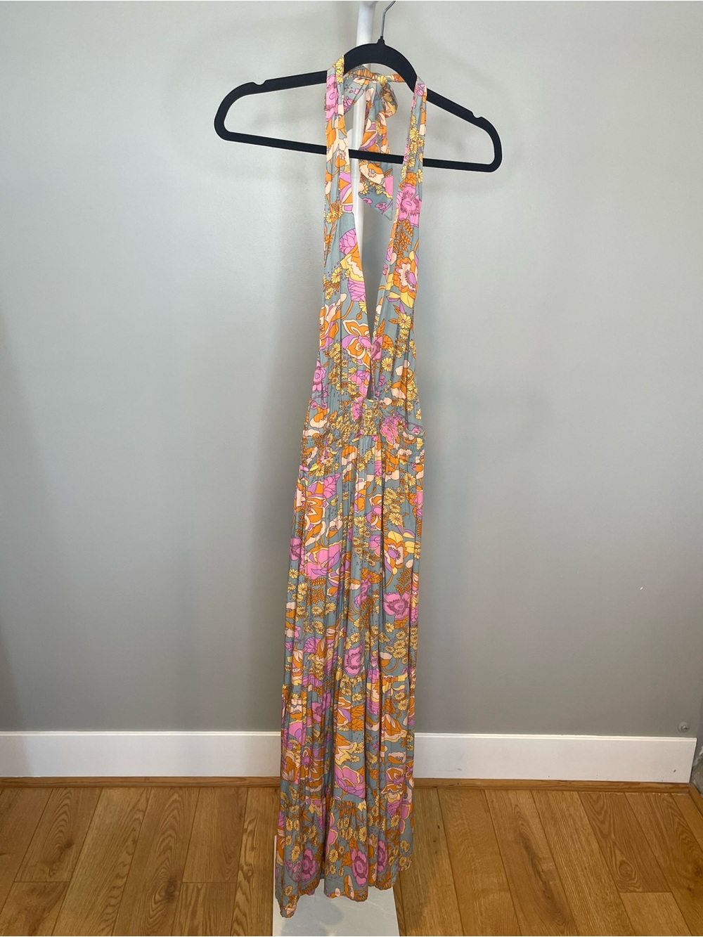 Floral Halter Maxi Dress w Smocked Waist and Pockets in Pink & Yellow - Small